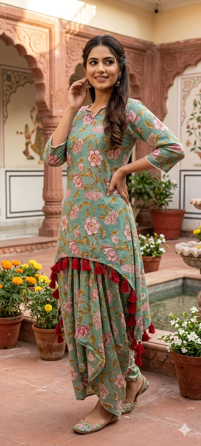 Tiny Pearl Neck Line Floral Printed Thread Tasseled Kurta With Unique Skirt Bottom In Cotton Fabric- 14176   RB152