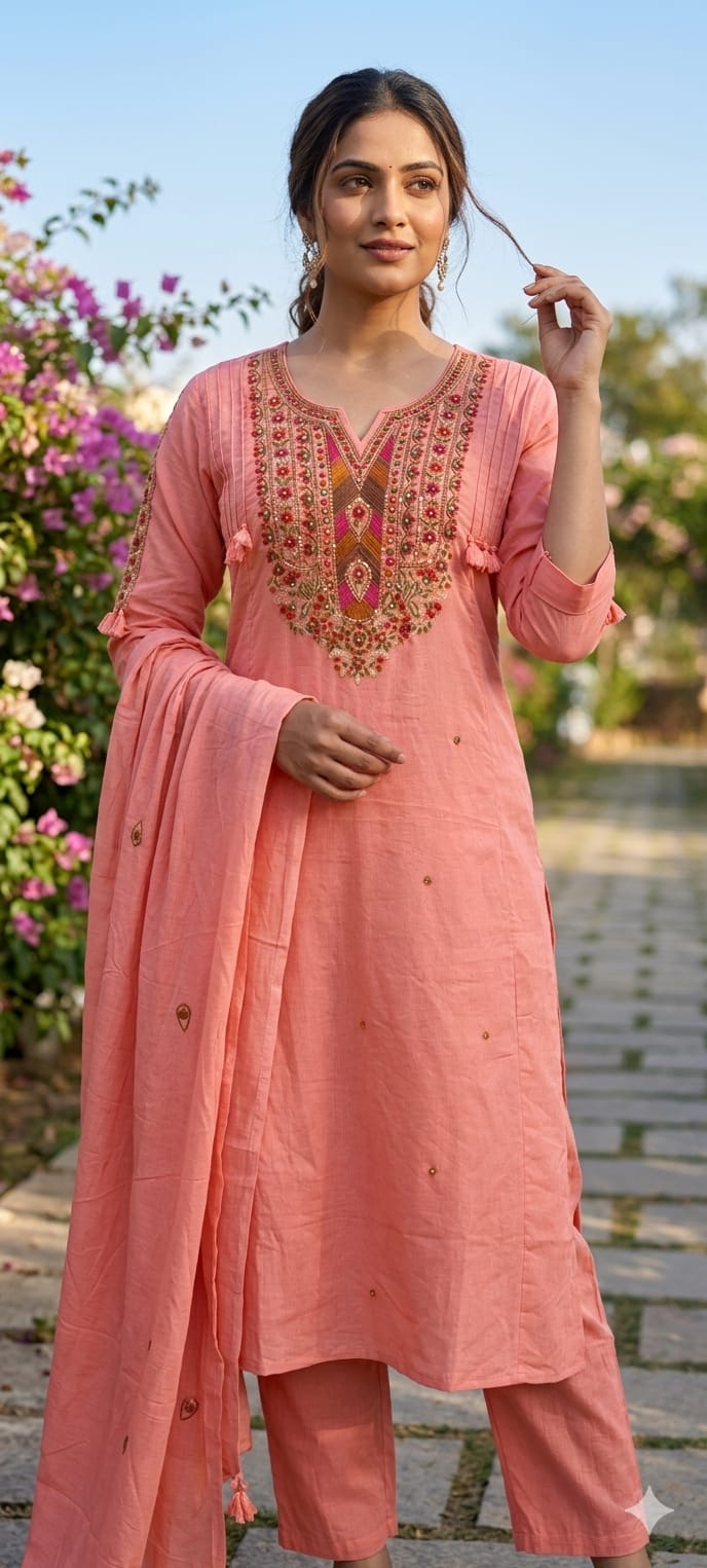 Boho Chic Intricate Multicolor Thread Embroidery A-Line Full Suit Set With Dupatta In Silli Cotton Fabric- 14151  RB153