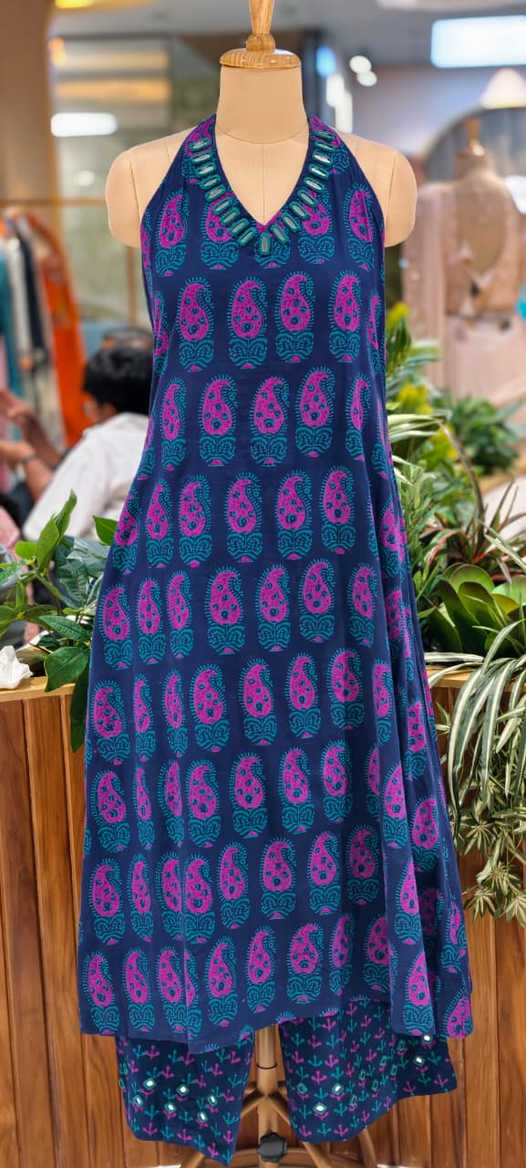 Real Mirror Haulter Neckline Summer Friendly Printed Kurta Pant Set In Cotton Fabric- 14190 RB168