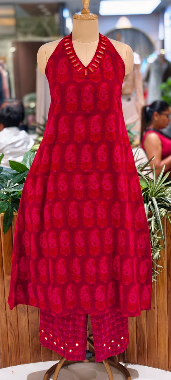 Real Mirror Haulter Neckline Summer Friendly Printed Kurta Pant Set In Cotton Fabric- 14190 RB168