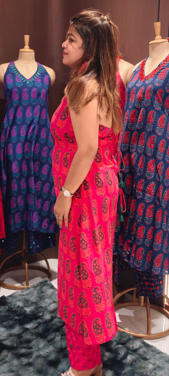 Real Mirror Haulter Neckline Summer Friendly Printed Kurta Pant Set In Cotton Fabric- 14190 RB168