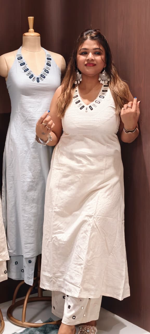 Real Mirror Halter Neckline Summer Friendly Solid Kurta Pant Set In Cotton Fabric- 14177 RB169