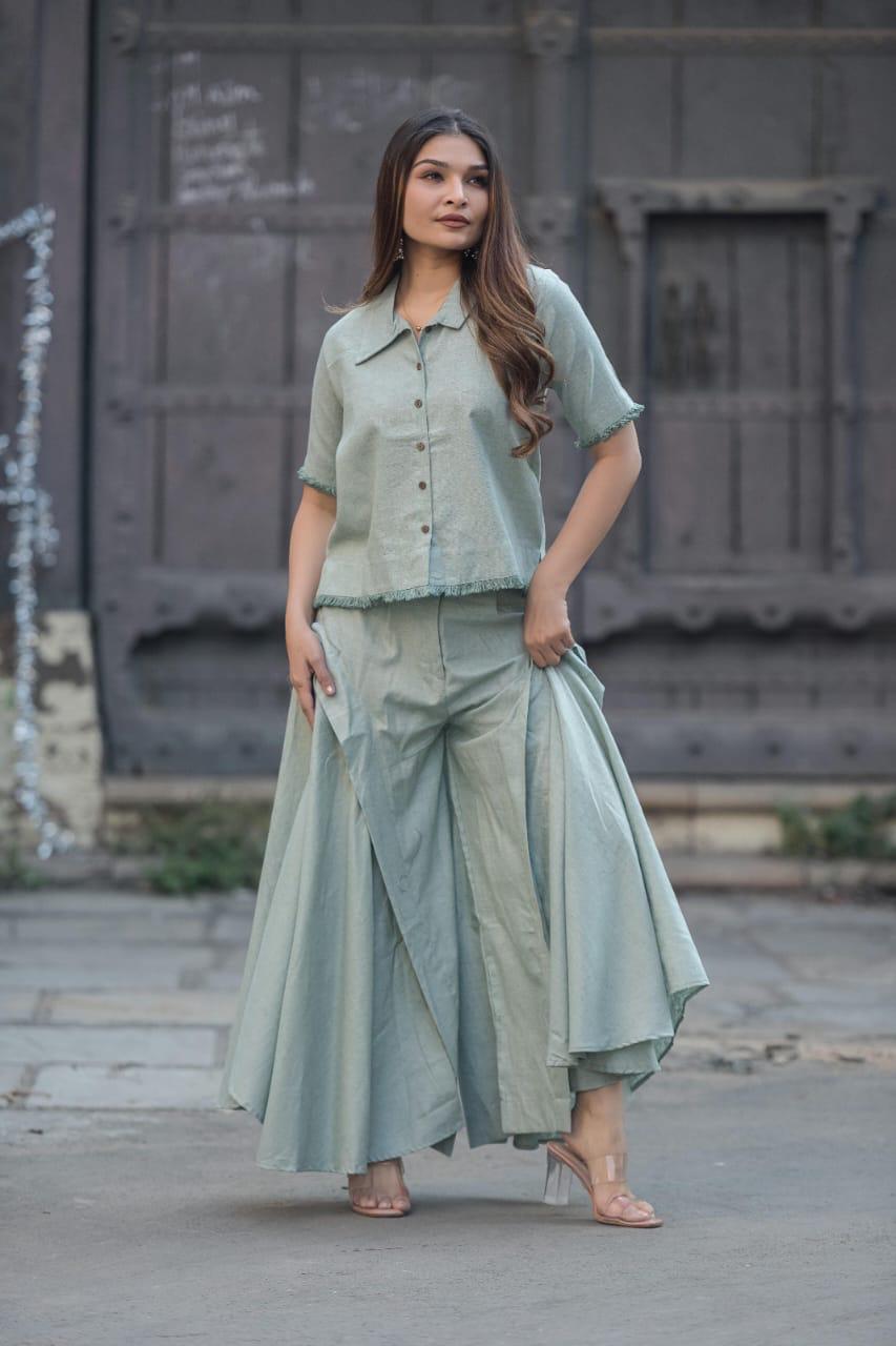 Handloom Cotton Shirt Co-Ord Set with With Short Top & Statement Flared Bottom Pants-14192 RB177