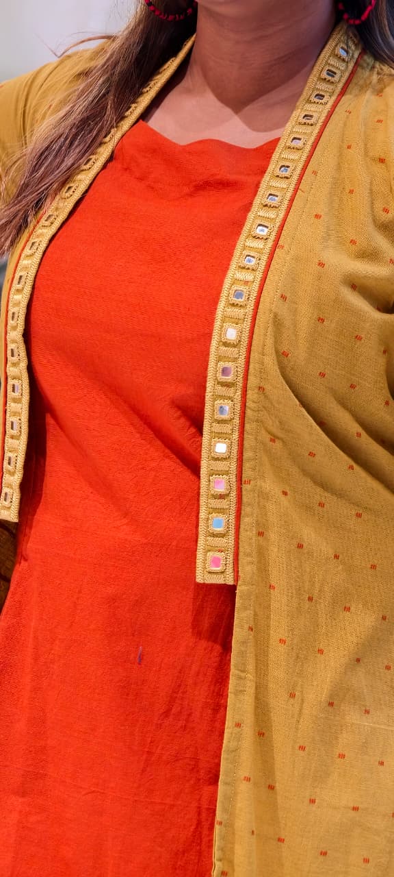 Elegant 3-Piece Layered Kurta Set with Inner, Pants & Embellished Shrug In Cotton Fabric-14193 RB178