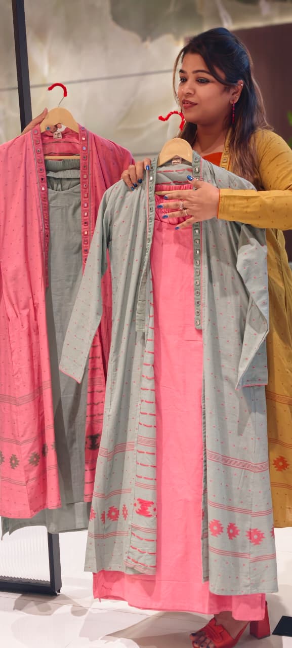 Elegant 3-Piece Layered Kurta Set with Inner, Pants & Embellished Shrug In Cotton Fabric-14193 RB178