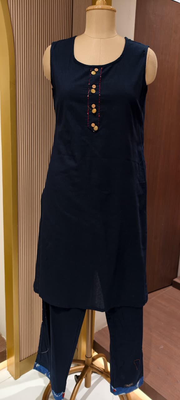 Stylish Blue Cotton Kurta Pant with Attached Printed Overlay Panel & Floral Leaf Motif-14269 RB194