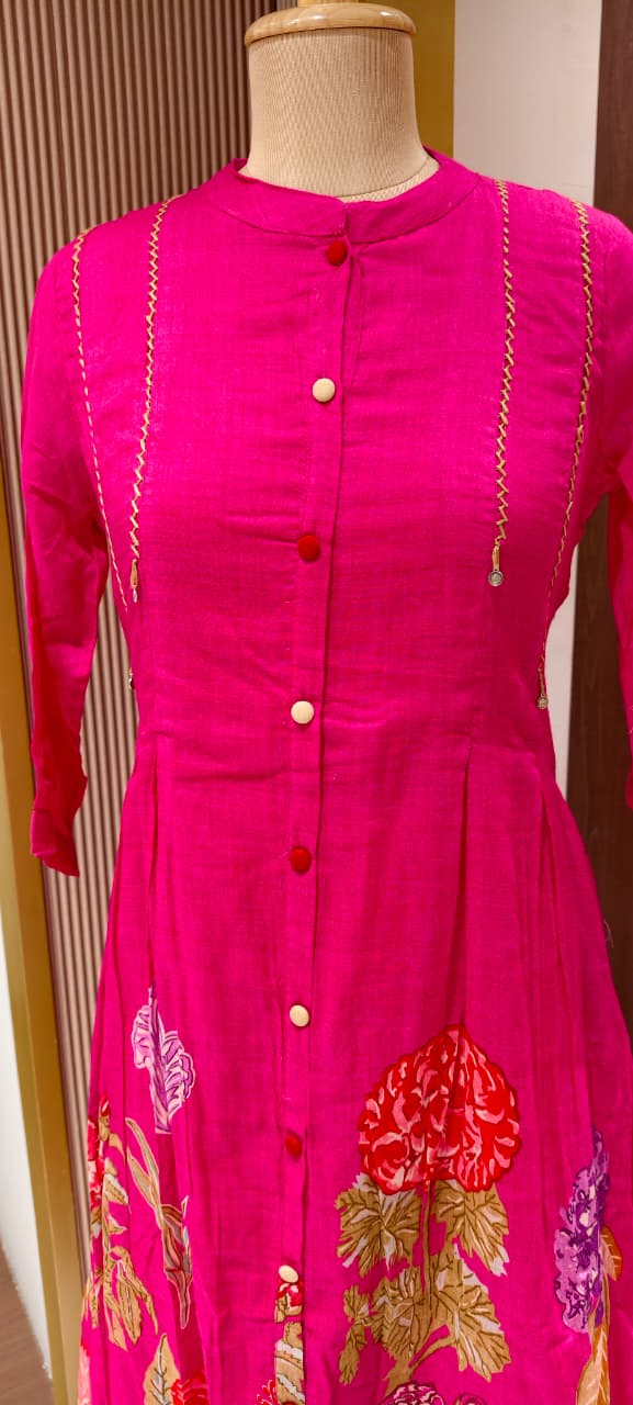 Mul Cotton Kurta Pant Set with Floral Print Hem, Pleated Detailing & Button-Down Front-14143 RB197