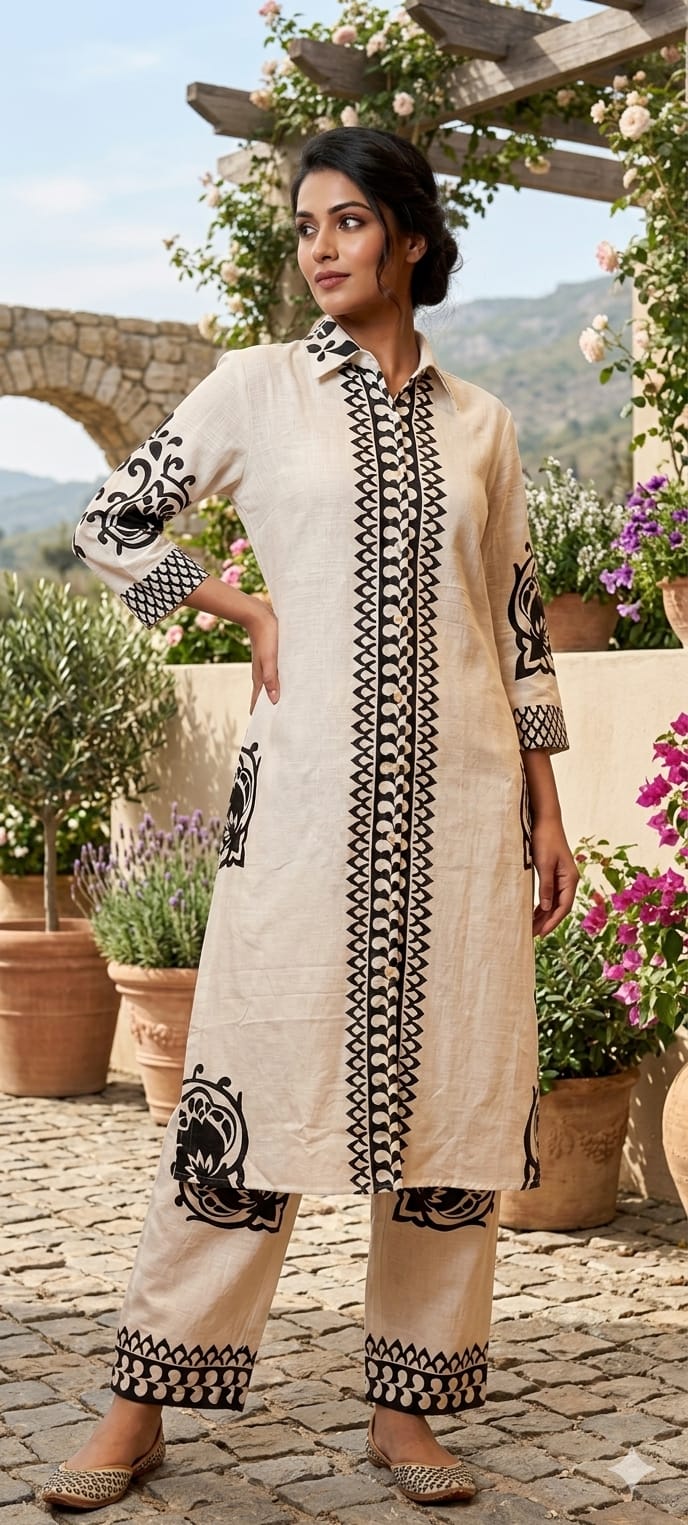 Linear Patterned Motif Summer Wear Collared Long Length Kurta Pant Set In Cotton Fabric-14272 RB190