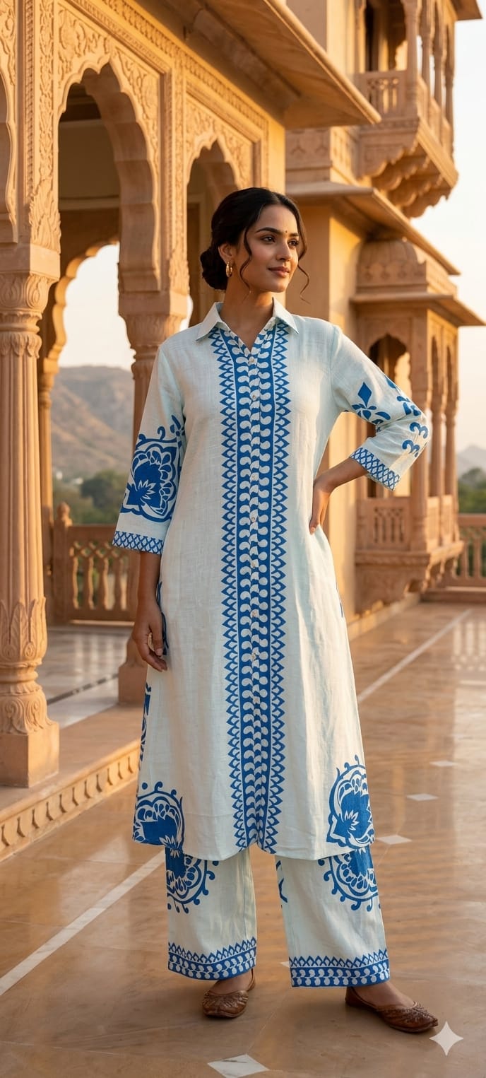Linear Patterned Motif Summer Wear Collared Long Length Kurta Pant Set In Cotton Fabric-14272 RB190