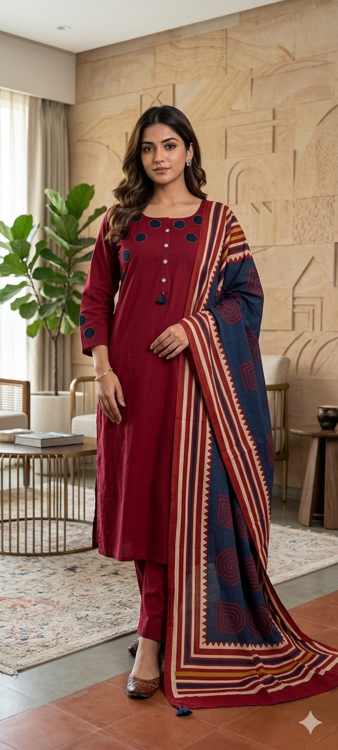 Stylish Cotton Full Suit Collection with Bold Polka Dot Detailing Full Suit Set-14214 RB201