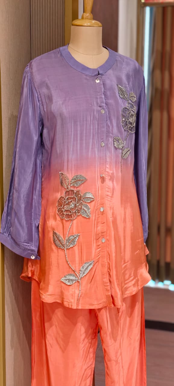 Oxidised Petal Hand-Embroidered Soft Gradient Floral Crepe Co-Ord Set- 14242