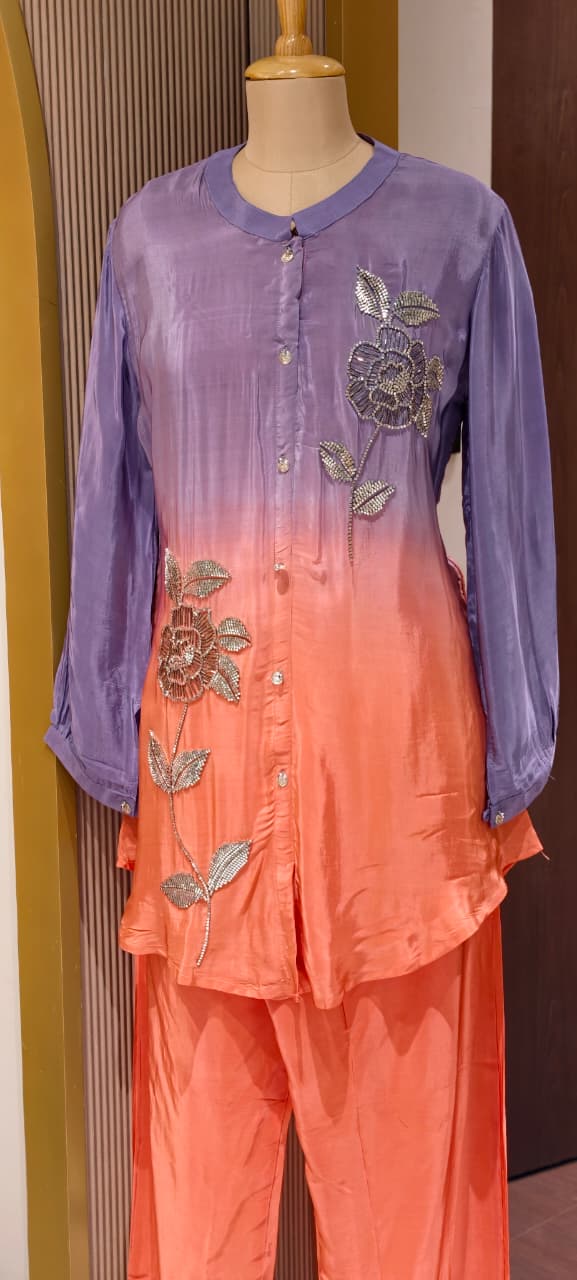 Oxidised Petal Hand-Embroidered Soft Gradient Floral Crepe Co-Ord Set- 14242