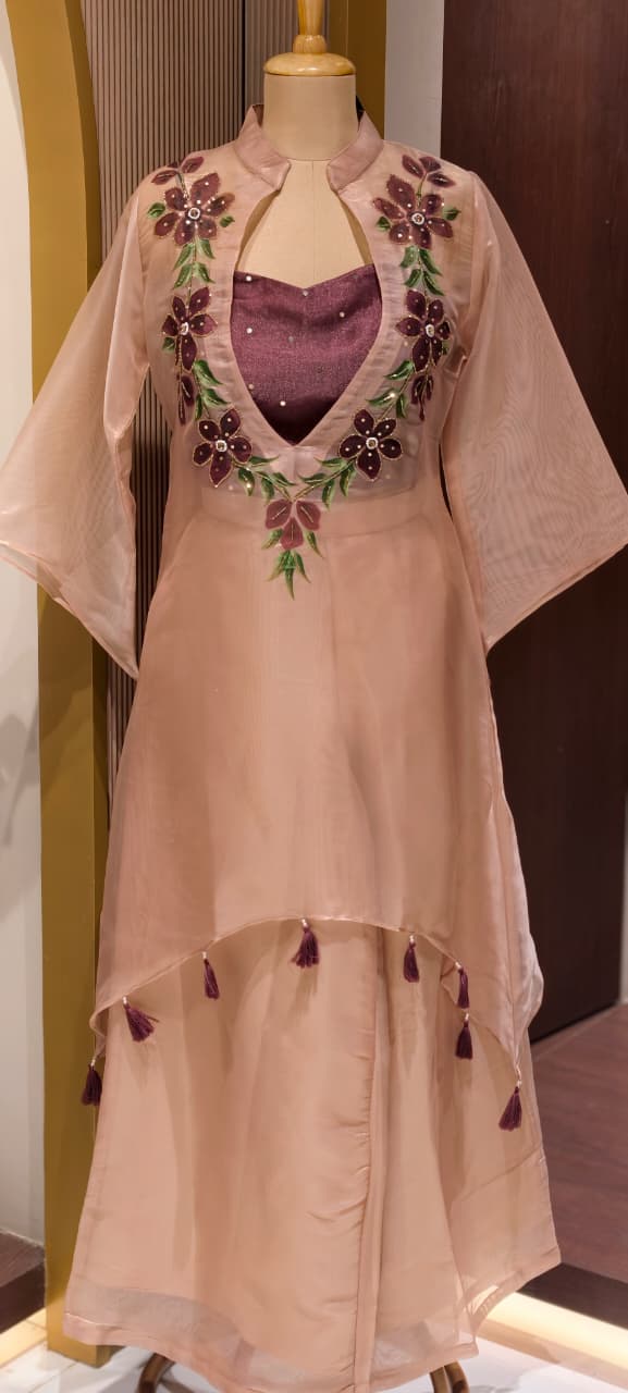Elegant Digital Floral Print Tasseled Kurta With Buster & Bottom In Tissue Fabric- 14315,17 RB217