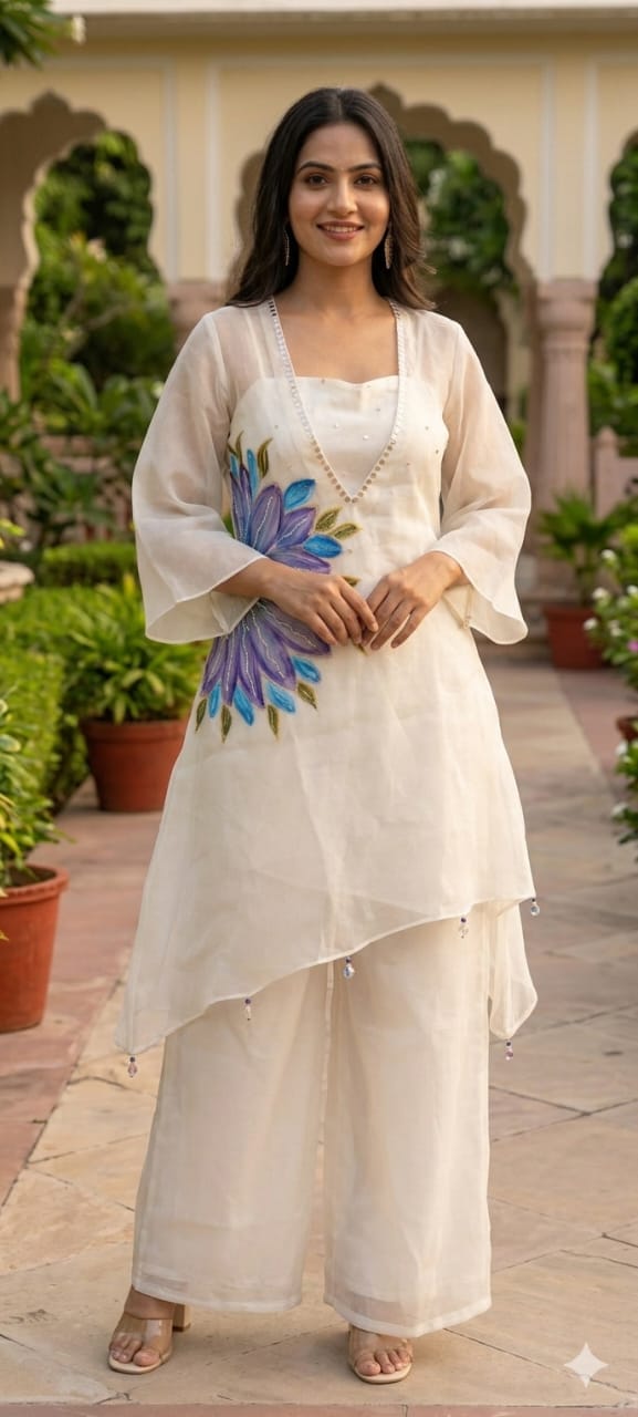 Digital Floral Print Golden Highlights Kurta With Buster & Bottom In Tissue Fabric- 14318,14 RB218