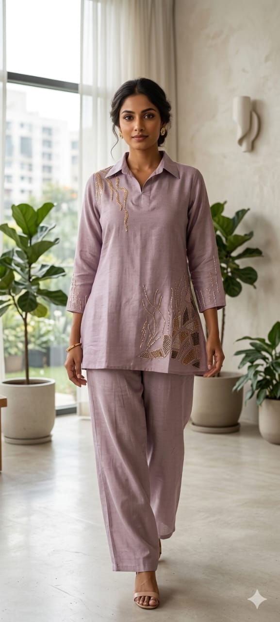 Branch Tail Sequin Scattered Work Solid Stylish Co-Ord Set