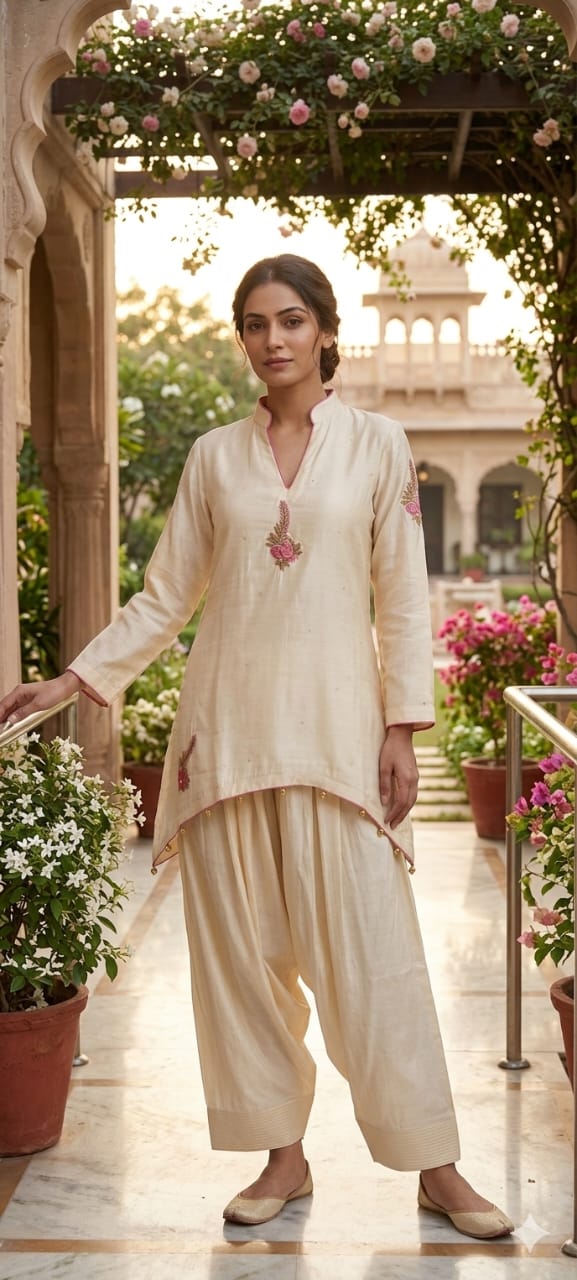 White Sheer Soft Toned Minimal Embroidery Russian Silk High Low Co-Ord Set