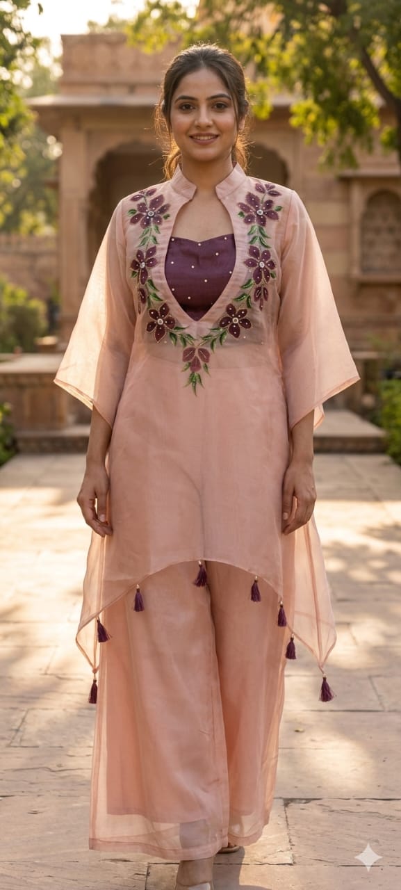 Elegant Digital Floral Print Tasseled Kurta With Buster & Bottom In Tissue Fabric- 14315,17 RB217