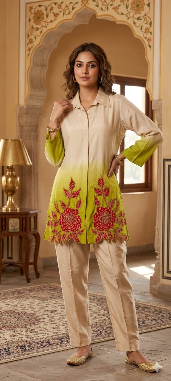 Ombre Shade With Ruby Touch Floral Co-Ord Set In Crepe Fabric- 14312