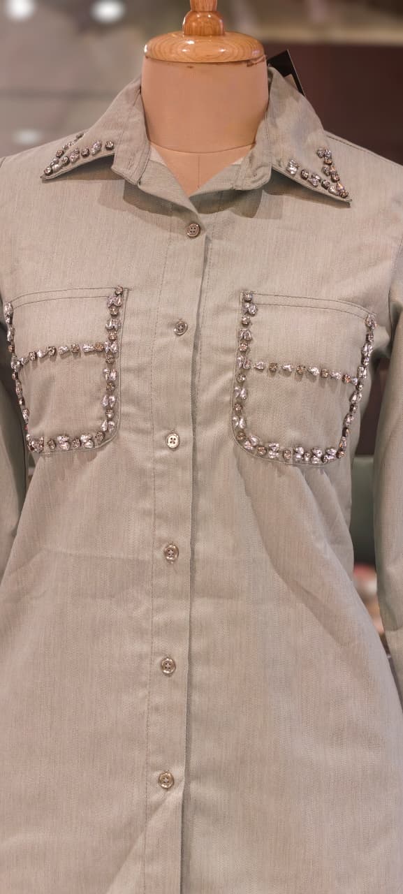 Stylish Beads Stone Work On Shoulder Solid Denim Co-Ord Sets-14339