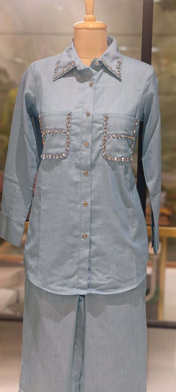 Stylish Beads Stone Work On Shoulder Solid Denim Co-Ord Sets-14339