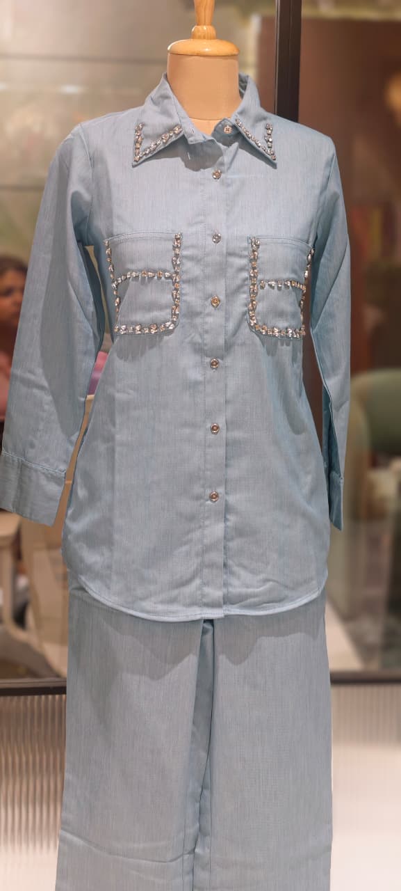 Stylish Beads Stone Work On Shoulder Solid Denim Co-Ord Sets-14339