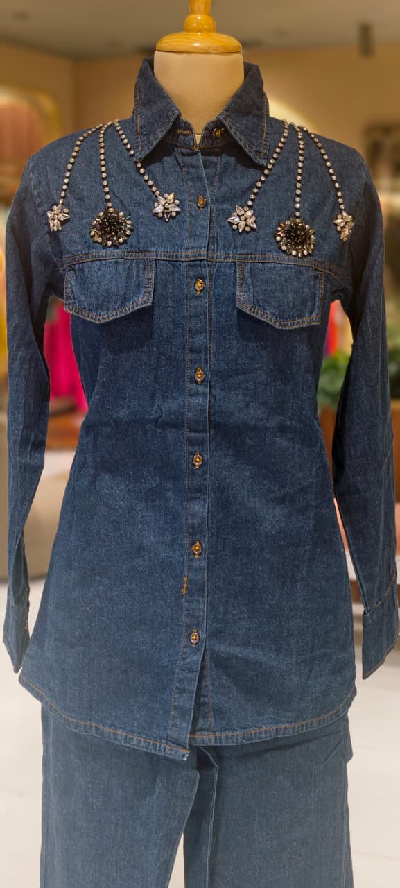 Reinstone Over Pocket & Collar Smart Look Solid Denim Co-Ord Set-14337  RB226