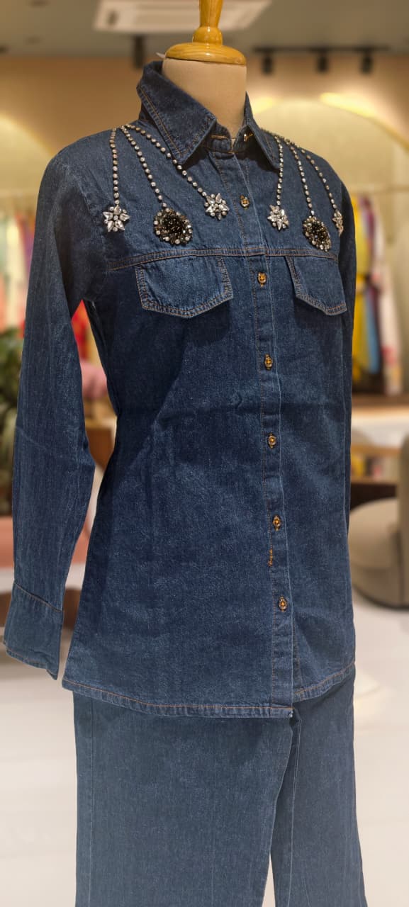 Reinstone Over Pocket & Collar Smart Look Solid Denim Co-Ord Set-14337  RB226