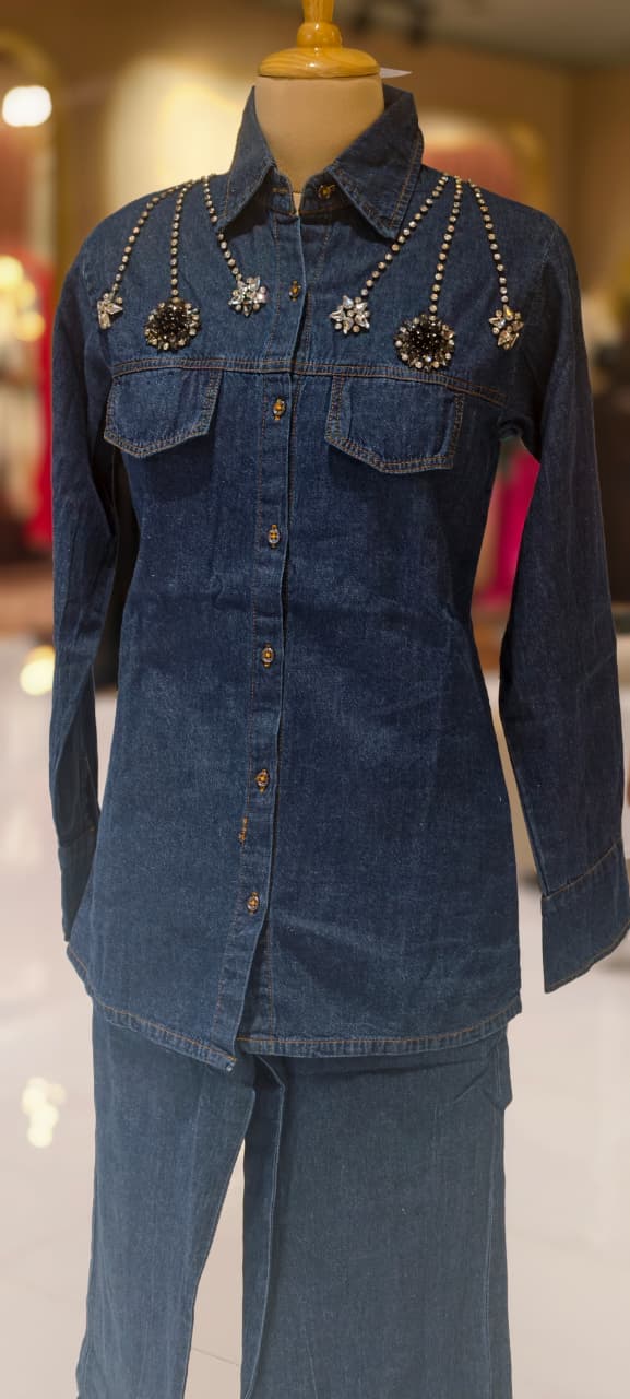 Reinstone Over Pocket & Collar Smart Look Solid Denim Co-Ord Set-14337  RB226