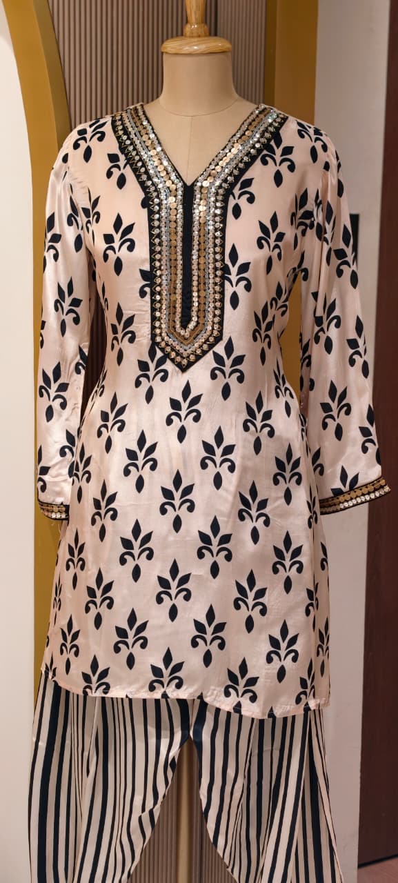 Pure Crepe Placement Print Stylish Neckline Kurta Pant Set- 14321 RB223