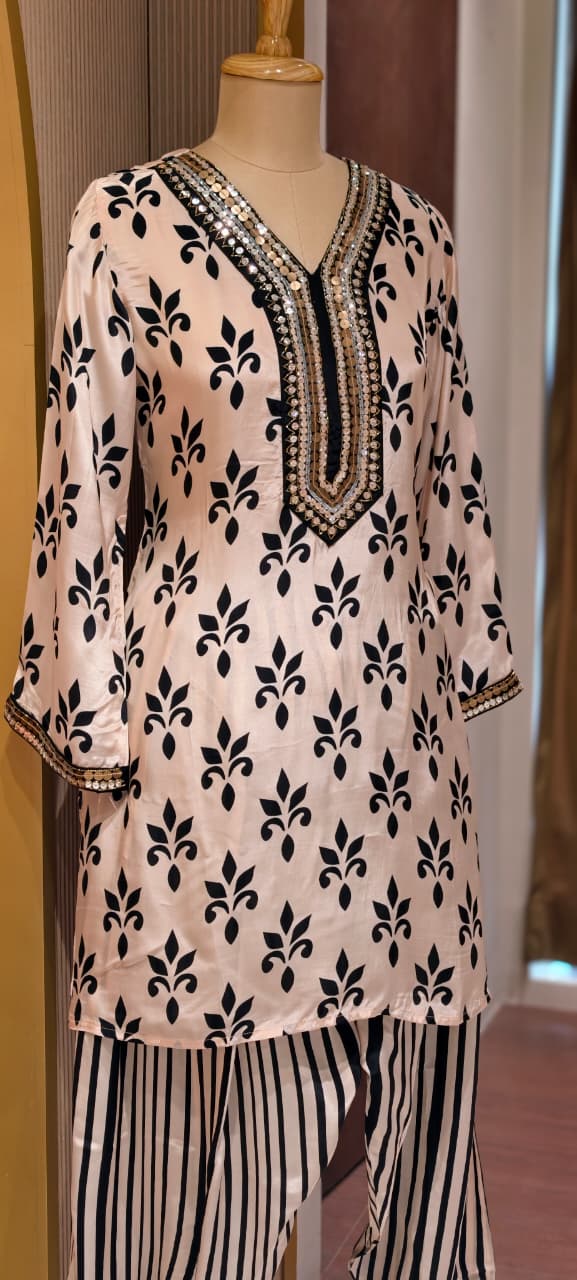 Pure Crepe Placement Print Stylish Neckline Kurta Pant Set- 14321 RB223