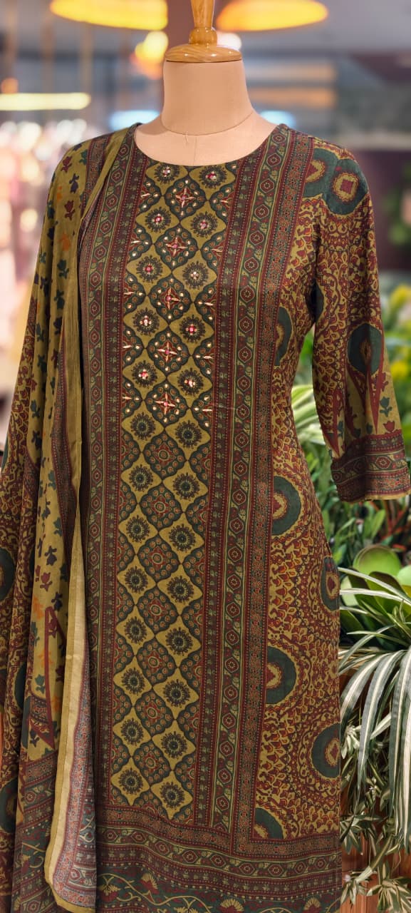Ajhrak Print Green Forest Inspired Printed Full Suit Set With Dupatta In Dola Silk Fabric-14360 RB232
