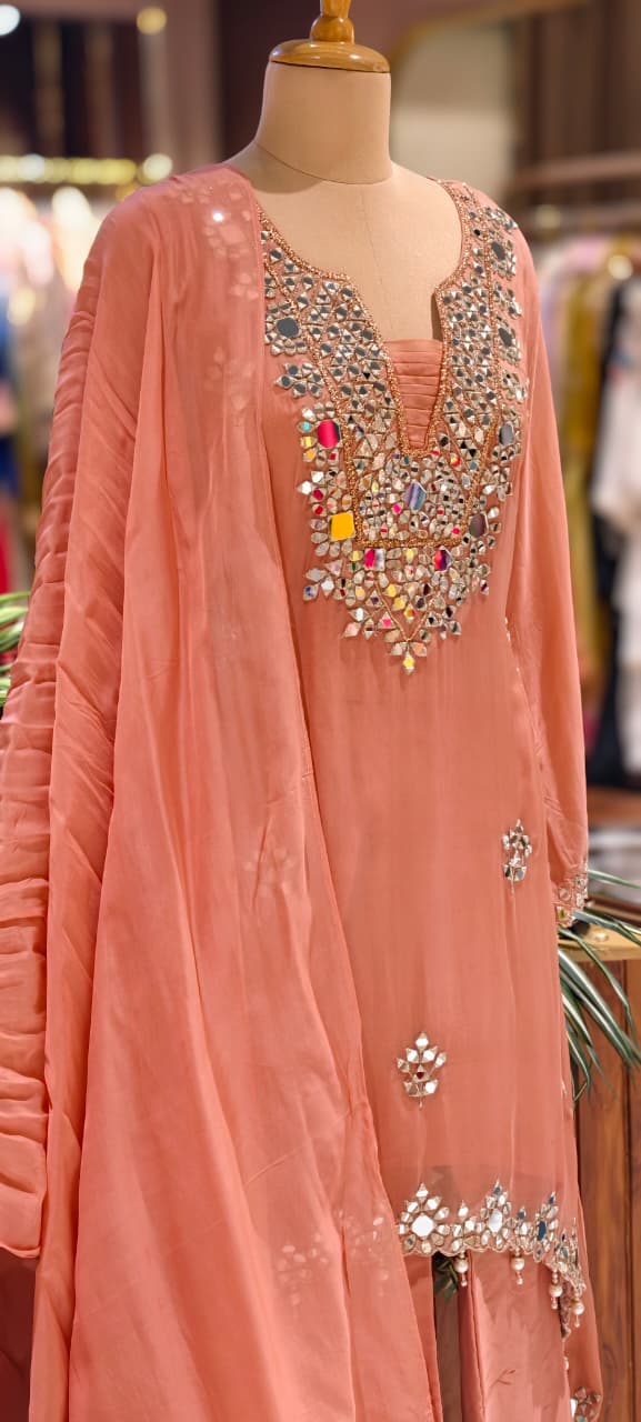 Real Mirror Handwork Heavy Designer Look Full Suit Set With Dupatta & Palazzo Bottom-14241 RB219