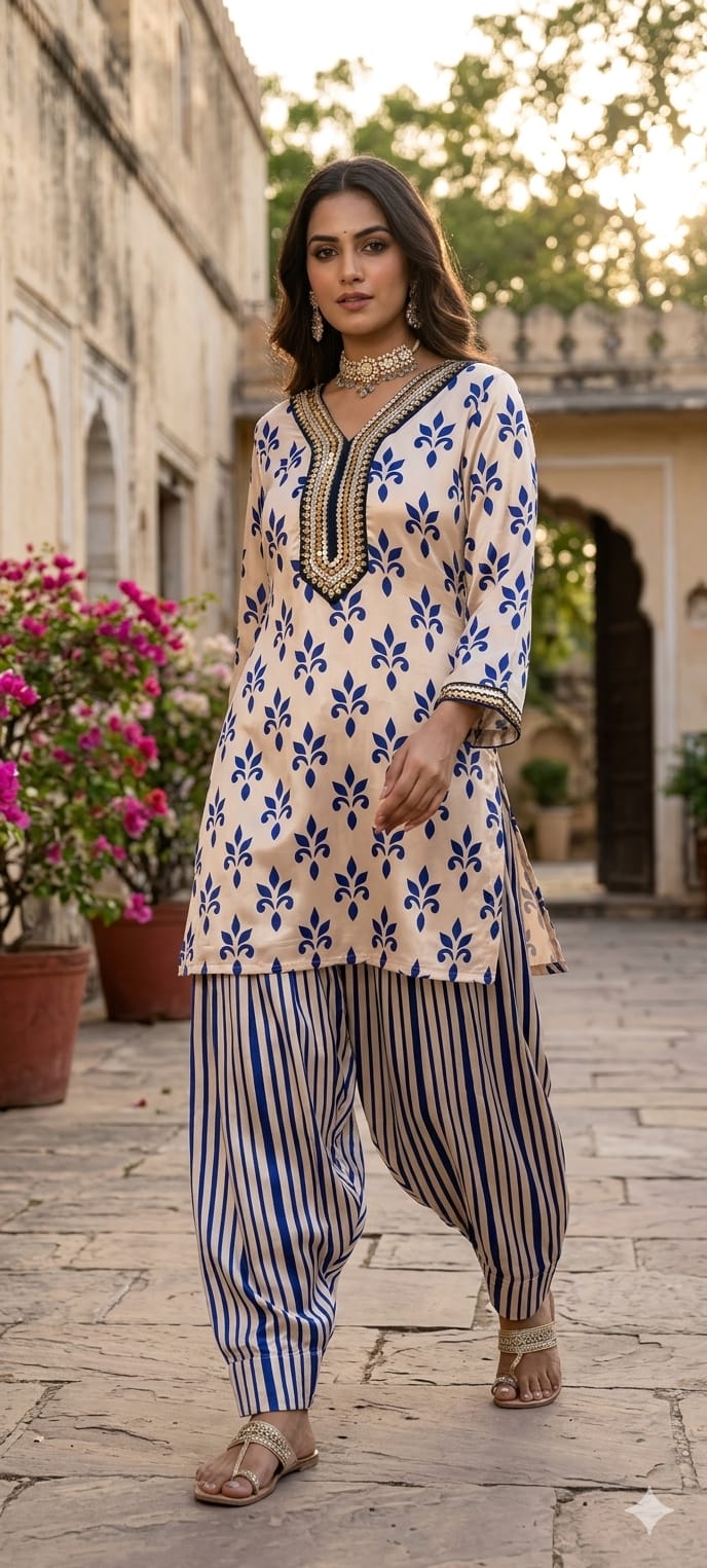 Pure Crepe Placement Print Stylish Neckline Kurta Pant Set- 14321 RB223
