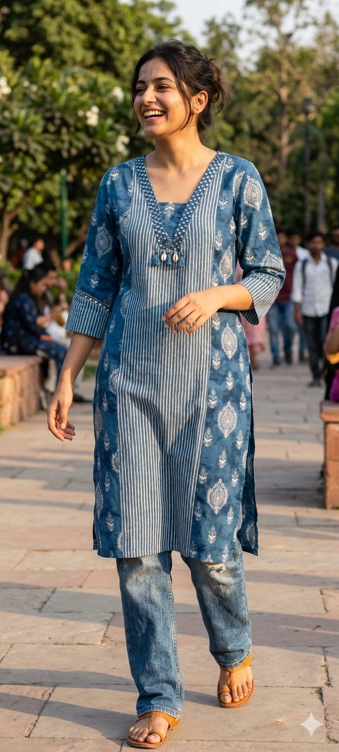 Linear Stripe & Printed Unique Glass Neck Line Tasseled Cotton Kurti Only-14273 RB241