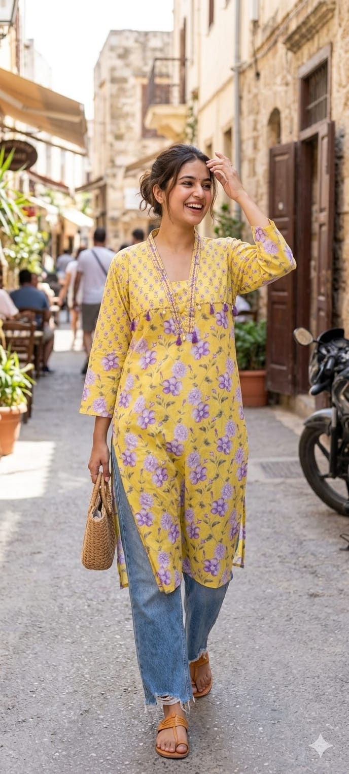 Boho Chic Refreshing Shade Printed A-Line Kurti Only In Cotton Fabric- 14277 RB238