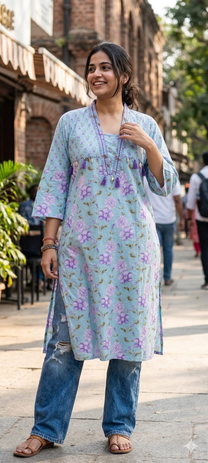 Boho Chic Refreshing Shade Printed A-Line Kurti Only In Cotton Fabric- 14277 RB238