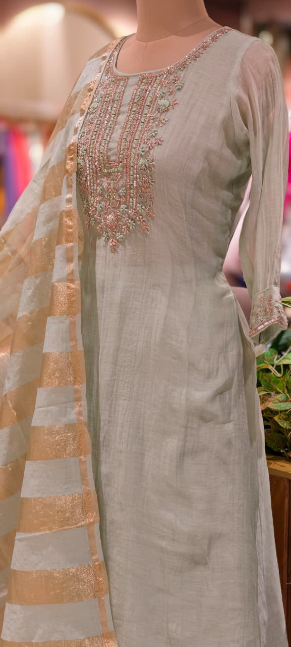 Pure Banarasi Mul Chanderi Suit Set with Handcrafted Zari Embroidery, Elegant Straight Silhouette & Luxe Gold Striped Dupatta-14313 RB261