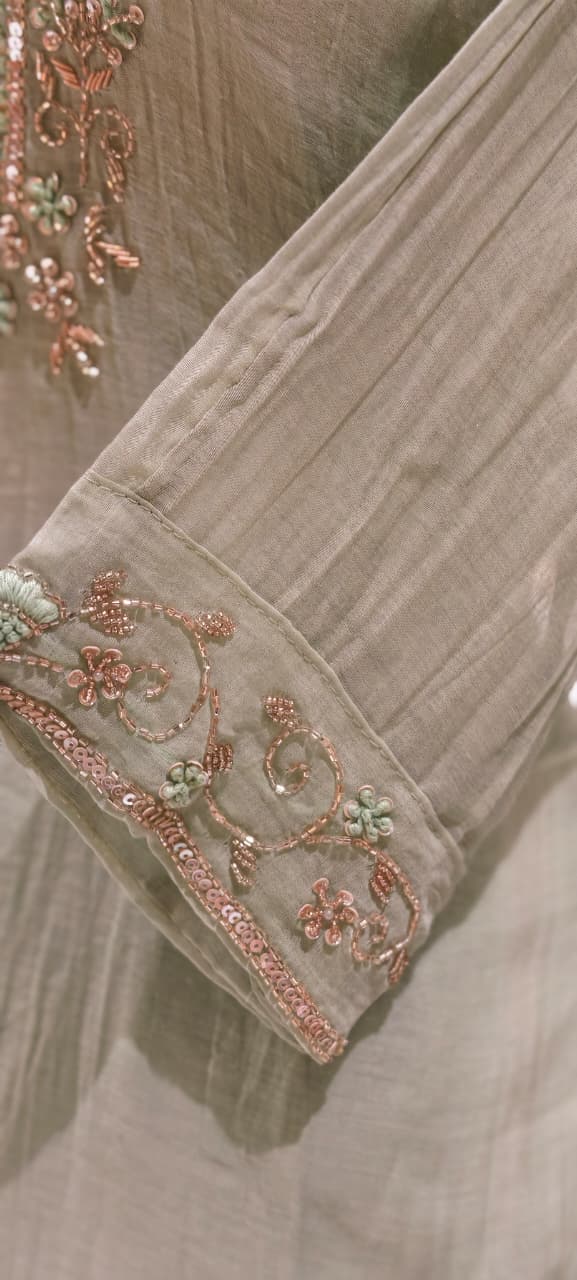 Pure Banarasi Mul Chanderi Suit Set with Handcrafted Zari Embroidery, Elegant Straight Silhouette & Luxe Gold Striped Dupatta-14313 RB261