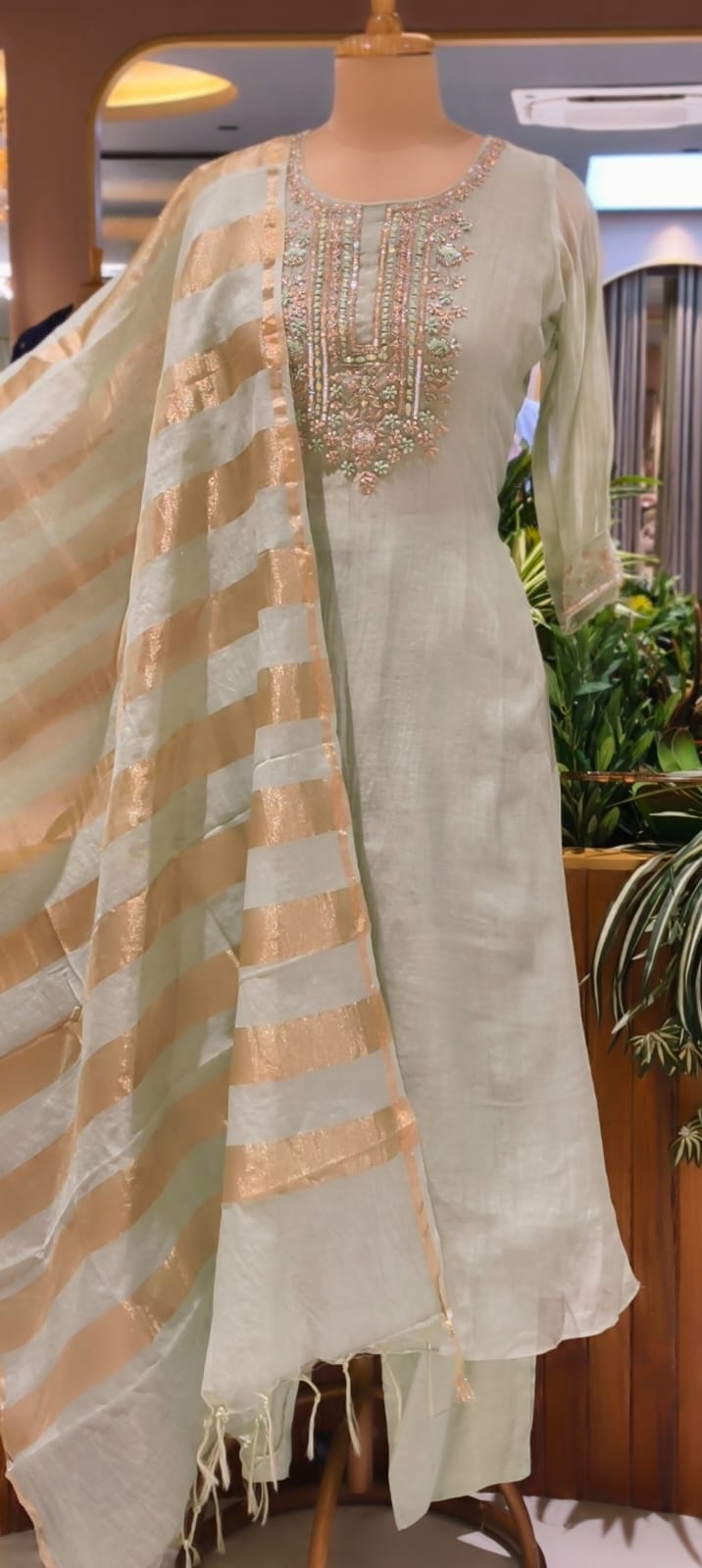 Pure Banarasi Mul Chanderi Suit Set with Handcrafted Zari Embroidery, Elegant Straight Silhouette & Luxe Gold Striped Dupatta-14313 RB261