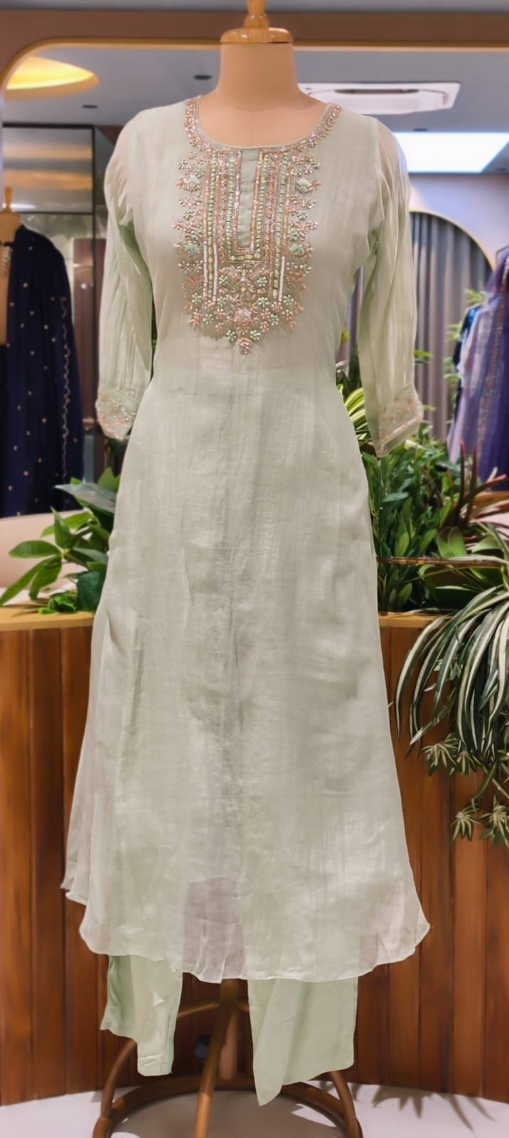 Pure Banarasi Mul Chanderi Suit Set with Handcrafted Zari Embroidery, Elegant Straight Silhouette & Luxe Gold Striped Dupatta-14313 RB261