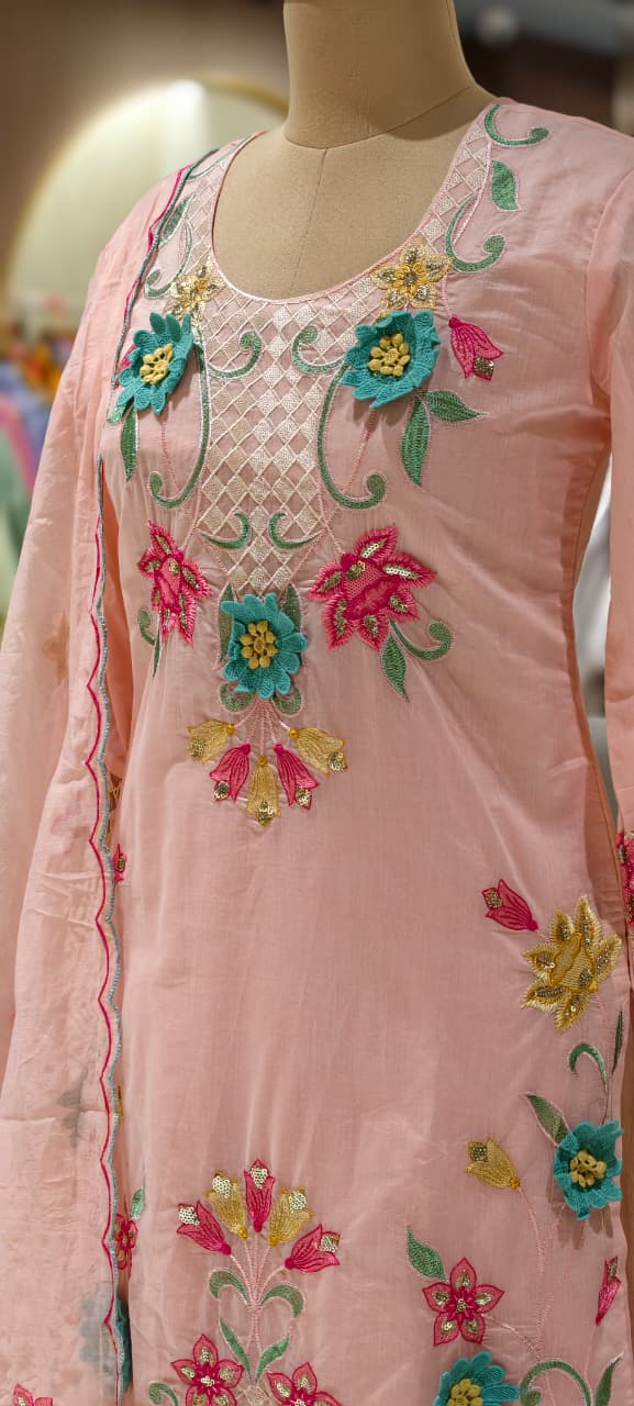 3D Floral Intricate Embroidery Detailing Surat Mul Chanderi Full Suit Set With Dupatta-14330 RB262