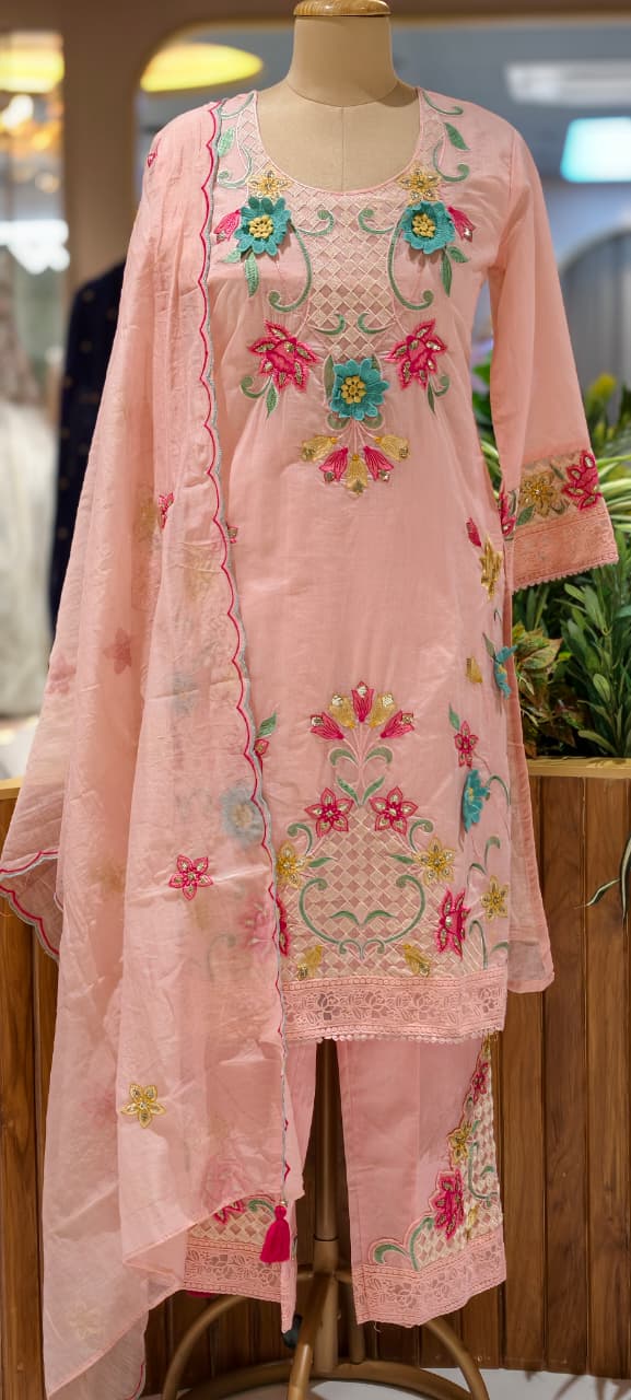 3D Floral Intricate Embroidery Detailing Surat Mul Chanderi Full Suit Set With Dupatta-14330 RB262