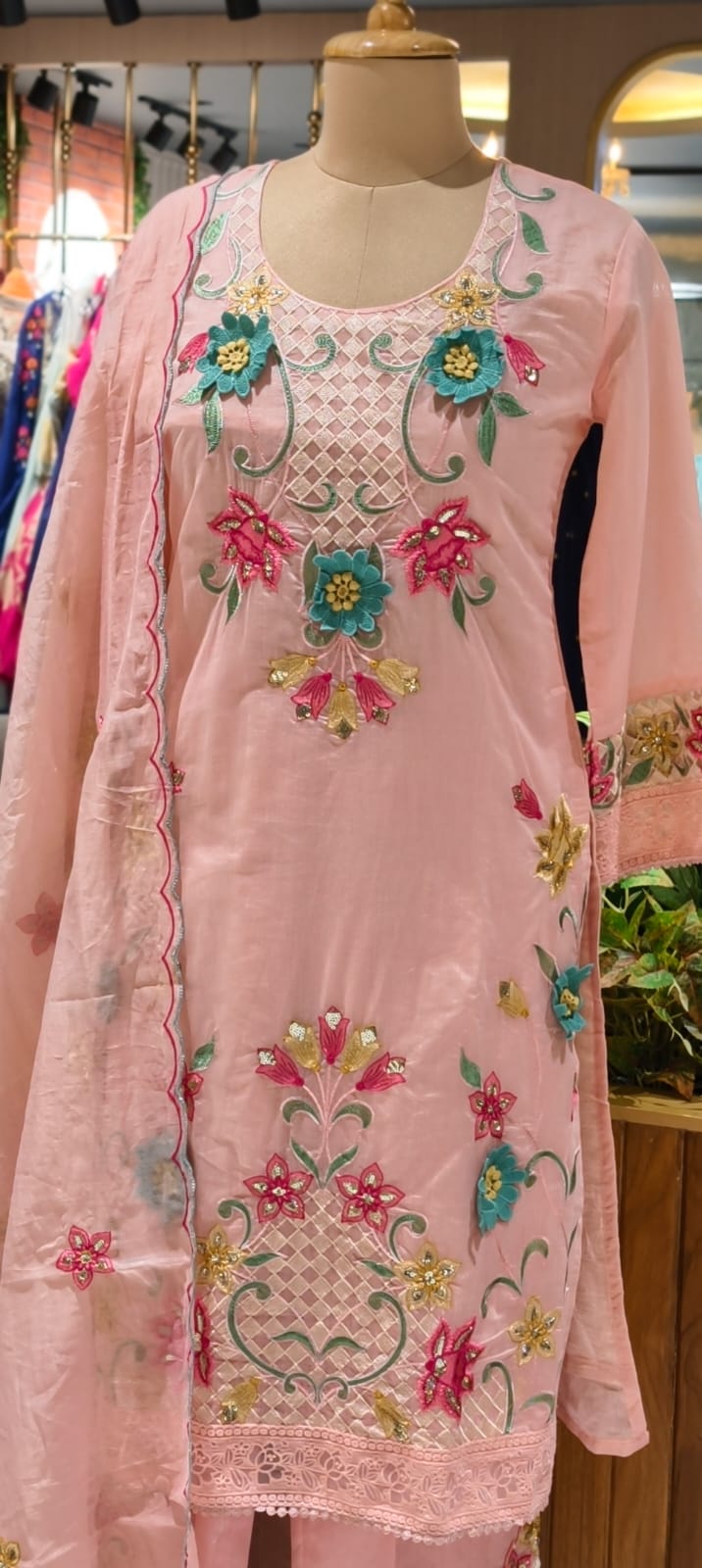 3D Floral Intricate Embroidery Detailing Surat Mul Chanderi Full Suit Set With Dupatta-14330 RB262