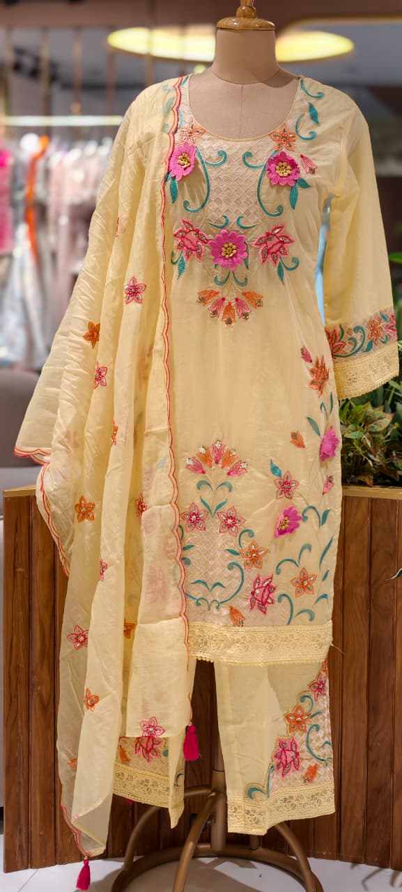 3D Floral Intricate Embroidery Detailing Surat Mul Chanderi Full Suit Set With Dupatta-14330 RB262