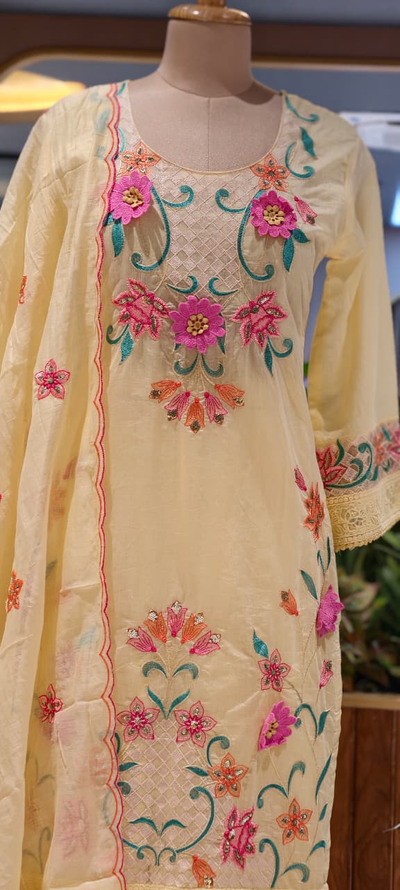 3D Floral Intricate Embroidery Detailing Surat Mul Chanderi Full Suit Set With Dupatta-14330 RB262
