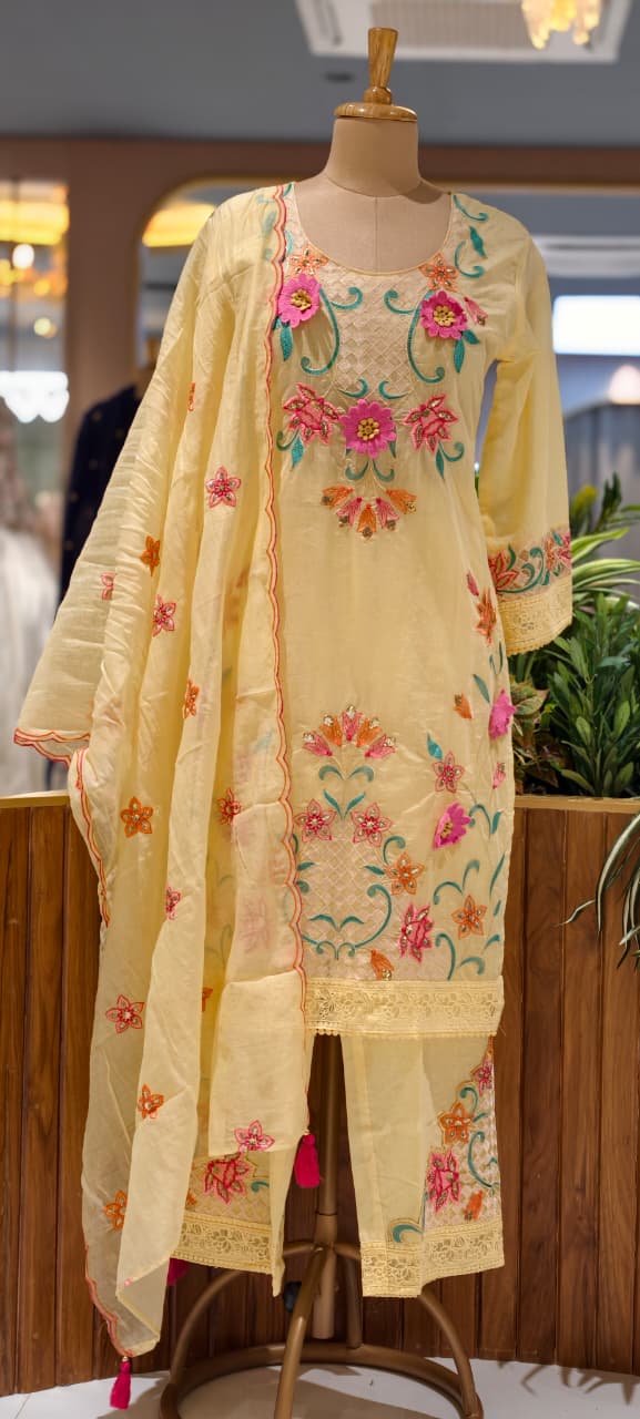 3D Floral Intricate Embroidery Detailing Surat Mul Chanderi Full Suit Set With Dupatta-14330 RB262