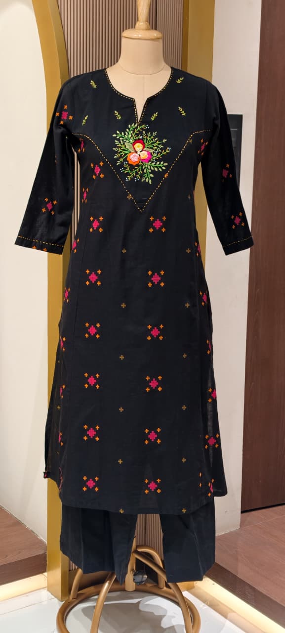 Handloom Cotton Handcrafted Floral Yoke, Subtle Motif Detailing Kurta With Straight Fit Pant- 14410 RB257