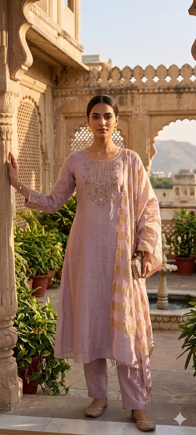 Pure Banarasi Mul Chanderi Suit Set with Handcrafted Zari Embroidery, Elegant Straight Silhouette & Luxe Gold Striped Dupatta-14313 RB261