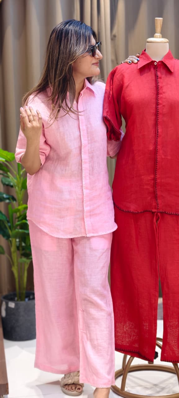 Bold Pure Linen Co-Ord Set Featuring Structured Shirt-Style Top with  Comfortable Straight Fit Trousers-14416 RB251