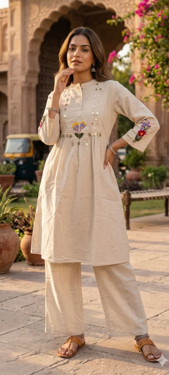 Floral Thread Embroidery Flex Cotton Kurta Pant Set with Mirror Work Detailing & Statement Tassel Accents- 14281 RB255